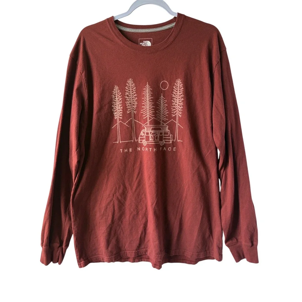 The North Face Long Sleeve Graphic Tee Camping Van Life Forest Rust XL